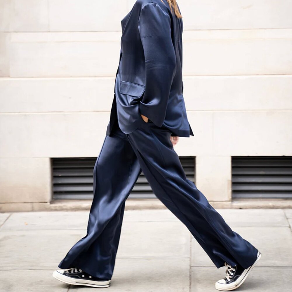 The Summer Edit Lexi Silk Trousers in Midnight Blue